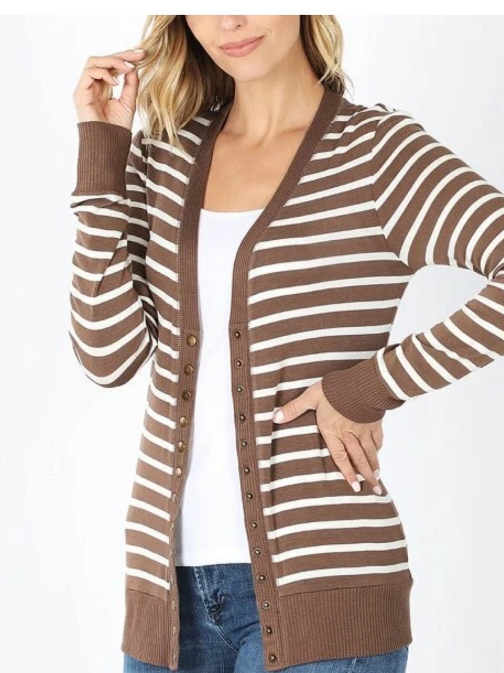 Zenana Brown and White Striped Button-Front Cardigan